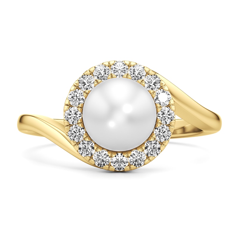 Main Image 3 of 7.0mm Freshwater Cultured Pearl and 1/3 CT. T.W. Lab-Grown Diamond Frame Bypass Shank Ring in 14K Gold