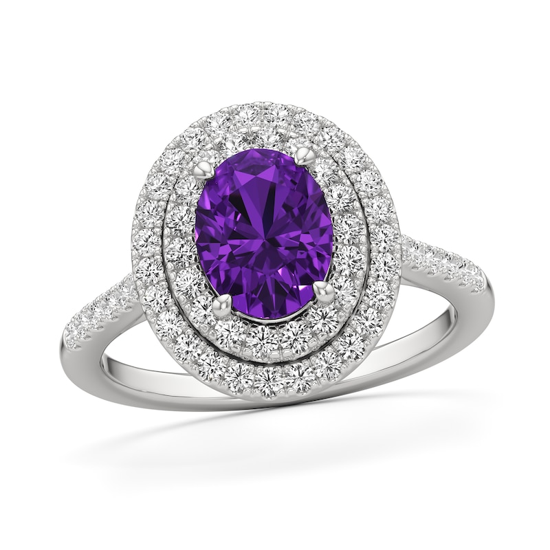 Main Image 1 of Oval Amethyst and 1/2 CT. T.W. Lab-Grown Diamond Double Frame Ring in 14K White Gold