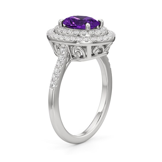 Oval Amethyst and 1/2 CT. T.w. Lab-Grown Diamond Double Frame Ring in 14K White Gold