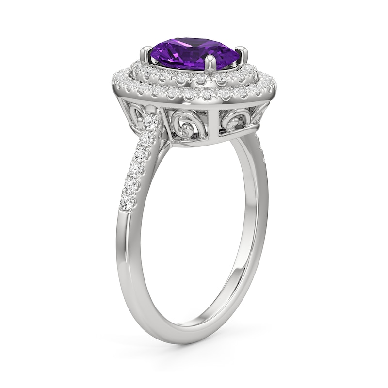 Main Image 2 of Oval Amethyst and 1/2 CT. T.W. Lab-Grown Diamond Double Frame Ring in 14K White Gold