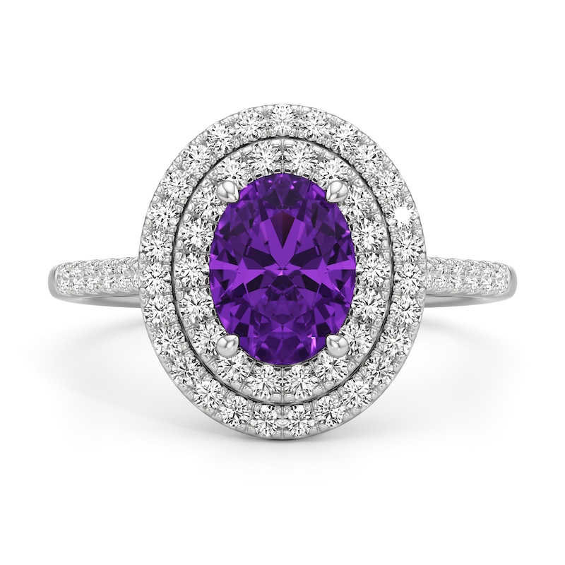Main Image 3 of Oval Amethyst and 1/2 CT. T.W. Lab-Grown Diamond Double Frame Ring in 14K White Gold