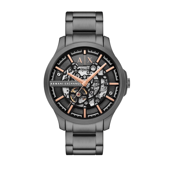 Menâs Armani Exchange Gunmetal Grey IP Automatic Watch with Black Skeleton Dial (Model: Ax2458)