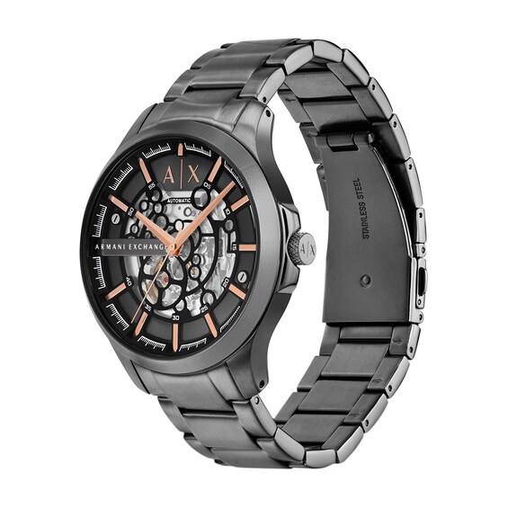 Menâs Armani Exchange Gunmetal Grey IP Automatic Watch with Black Skeleton Dial (Model: Ax2458)