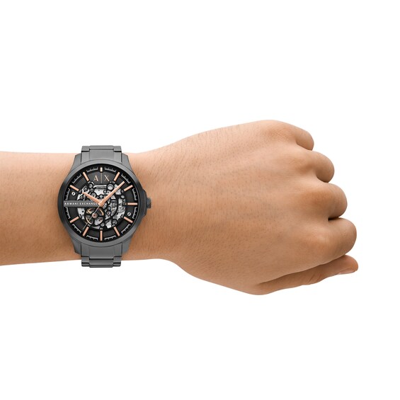Menâs Armani Exchange Gunmetal Grey IP Automatic Watch with Black Skeleton Dial (Model: Ax2458)