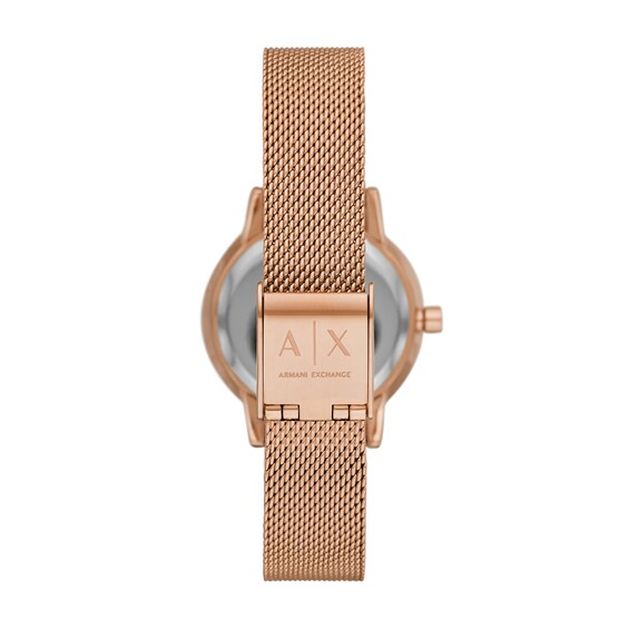 Ladies' Armani Exchange Rose-Tone IP Mesh Watch with Silver-Tone Dial and Charm Bracelet Box Set (Model: Ax7121)