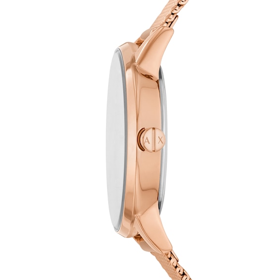 Ladies' Armani Exchange Rose-Tone IP Mesh Watch with Silver-Tone Dial and Charm Bracelet Box Set (Model: Ax7121)