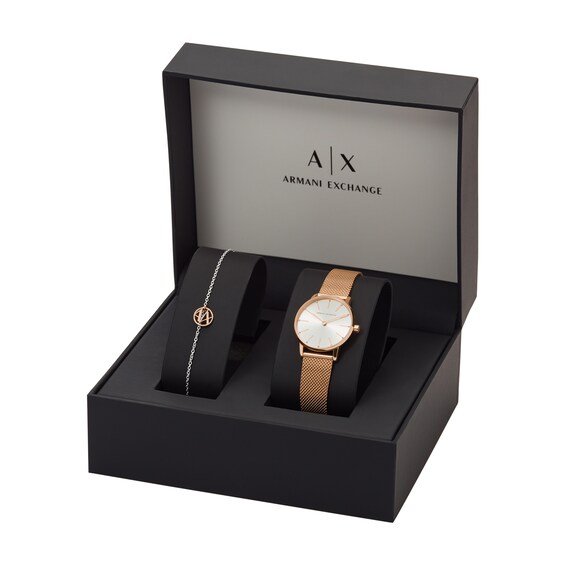 Ladies' Armani Exchange Rose-Tone IP Mesh Watch with Silver-Tone Dial and Charm Bracelet Box Set (Model: Ax7121)