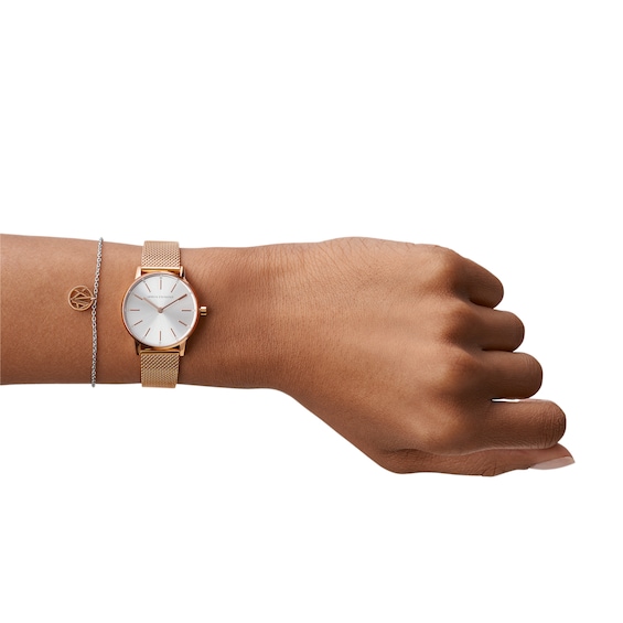 Ladies' Armani Exchange Rose-Tone IP Mesh Watch with Silver-Tone Dial and Charm Bracelet Box Set (Model: Ax7121)