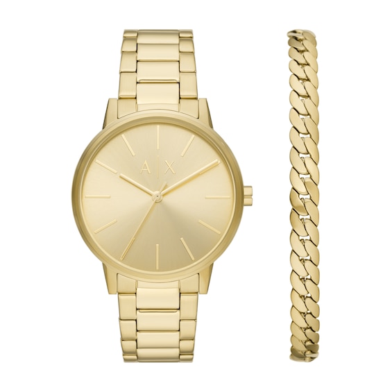 Menâs Armani Exchange Gold-Tone IP Watch with Gold-Tone Dial and Chain Bracelet Box Set (Model: Ax7144Set)