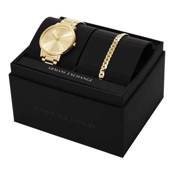 Menâs Armani Exchange Gold-Tone IP Watch with Gold-Tone Dial and Chain Bracelet Box Set (Model: Ax7144Set)