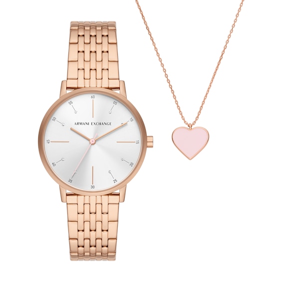 Ladiesâ Armani Exchange Rose-Tone IP Watch with White Dial and Heart Pendant Box Set (Model: Ax7145Set)