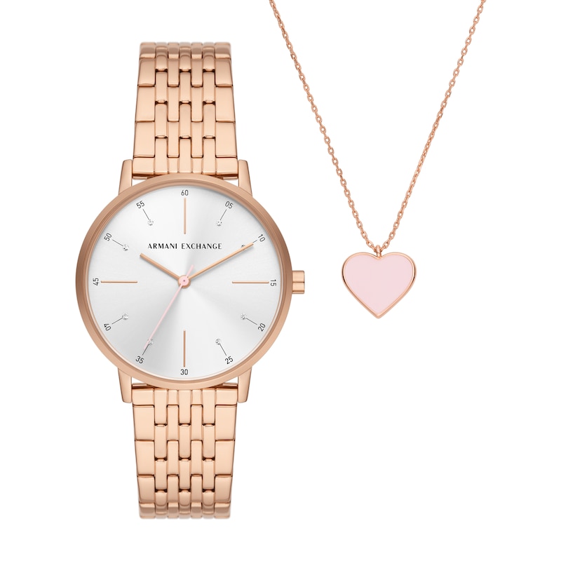 Main Image 1 of Ladies’ Armani Exchange Lola Rose-Tone IP Watch with White Dial and Heart Pendant Box Set (Model: AX7145SET)