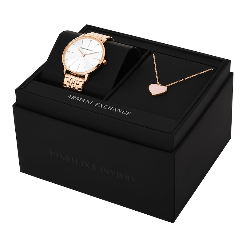 Main Image 5 of Ladies’ Armani Exchange Lola Rose-Tone IP Watch with White Dial and Heart Pendant Box Set (Model: AX7145SET)