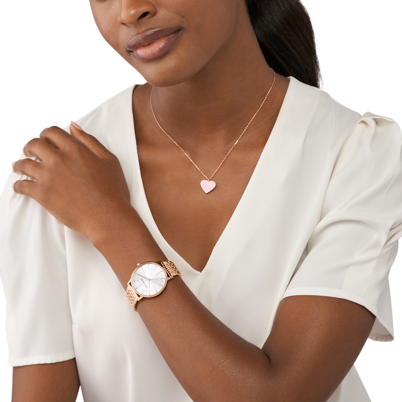 Main Image 8 of Ladies’ Armani Exchange Lola Rose-Tone IP Watch with White Dial and Heart Pendant Box Set (Model: AX7145SET)