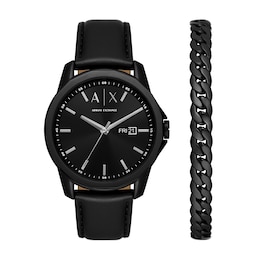 Men’s Armani Exchange  Black IP Leather Strap Watch and Chain Bracelet Box Set (Model: AX7147SET)