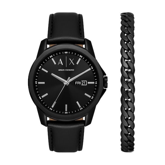 Menâs Armani Exchange Black IP Leather Strap Watch and Chain Bracelet Box Set (Model: Ax7147Set)