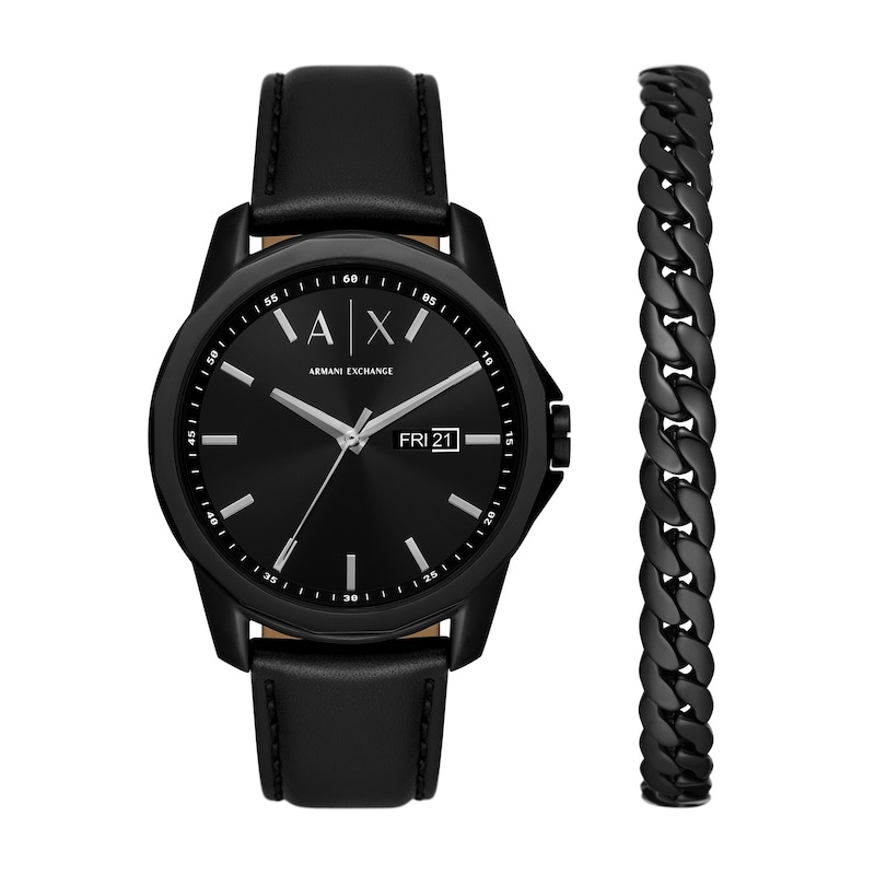 Main Image 1 of Men’s Armani Exchange  Black IP Leather Strap Watch and Chain Bracelet Box Set (Model: AX7147SET)