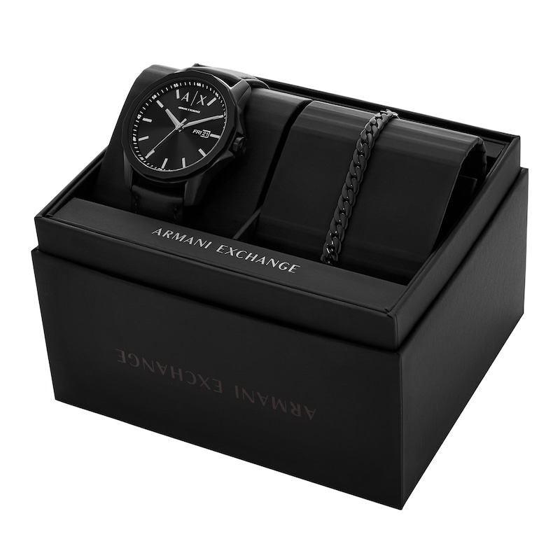 Main Image 5 of Men’s Armani Exchange  Black IP Leather Strap Watch and Chain Bracelet Box Set (Model: AX7147SET)