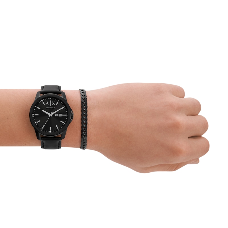 Main Image 7 of Men’s Armani Exchange  Black IP Leather Strap Watch and Chain Bracelet Box Set (Model: AX7147SET)