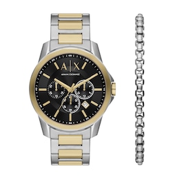 Men’s Armani Exchange  Two-Tone IP Chronograph Watch with Black Dial and Chain Bracelet Box Set (Model: AX7148SET)