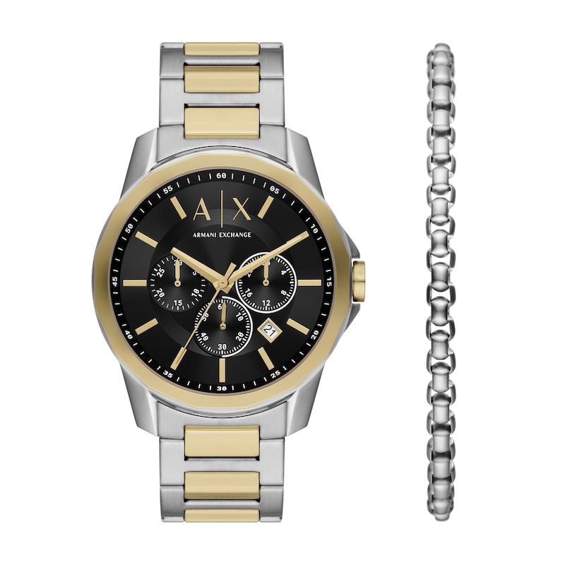 Main Image 1 of Men’s Armani Exchange Banks Two-Tone IP Chronograph Watch with Black Dial and Chain Bracelet Box Set (Model: AX7148SET)