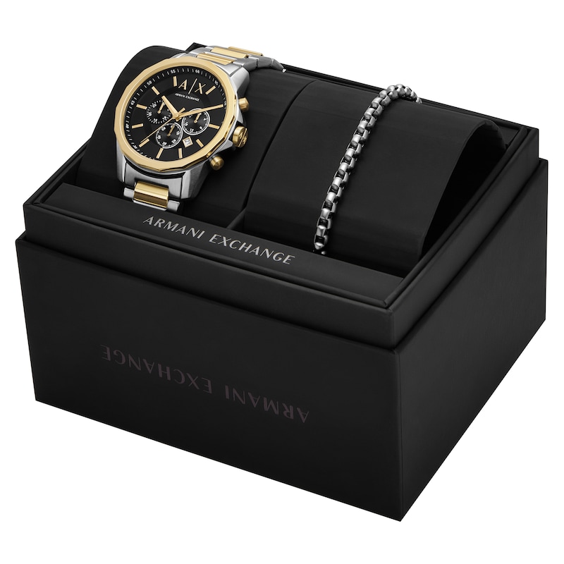 Main Image 4 of Men’s Armani Exchange Banks Two-Tone IP Chronograph Watch with Black Dial and Chain Bracelet Box Set (Model: AX7148SET)
