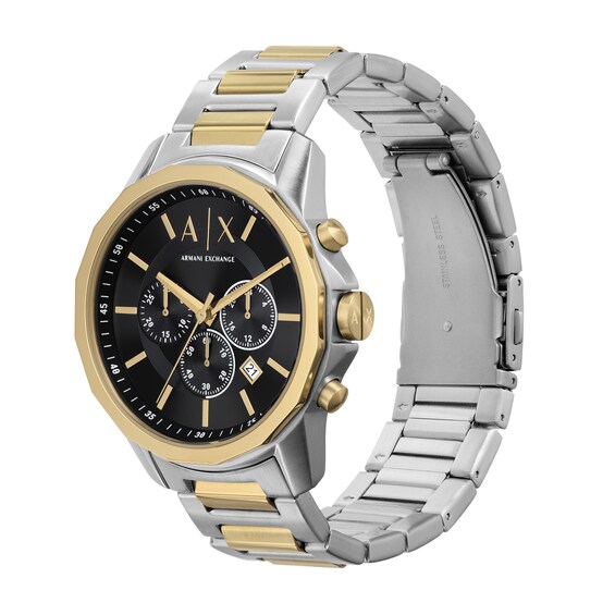 Menâs Armani Exchange Two-Tone IP Chronograph Watch with Black Dial and Chain Bracelet Box Set (Model: Ax7148Set)