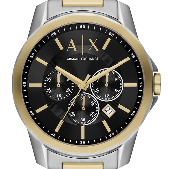 Menâs Armani Exchange Two-Tone IP Chronograph Watch with Black Dial and Chain Bracelet Box Set (Model: Ax7148Set)