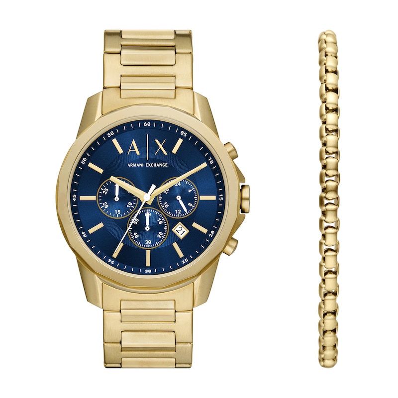 Main Image 1 of Men’s Armani Exchange Banks Gold-Tone IP Chronograph Watch with Blue Dial and Chain Bracelet Box Set (Model: AX7151SET)