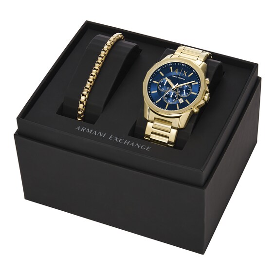 Menâs Armani Exchange Gold-Tone IP Chronograph Watch with Blue Dial and Chain Bracelet Box Set (Model: Ax7151Set)