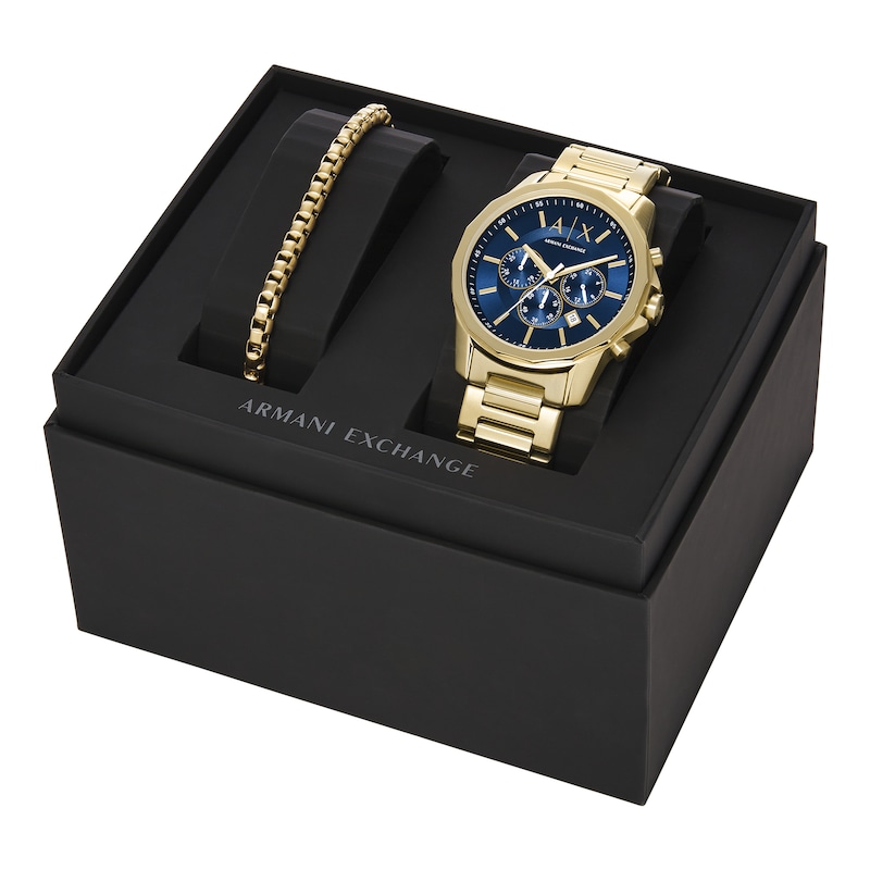 Main Image 4 of Men’s Armani Exchange Banks Gold-Tone IP Chronograph Watch with Blue Dial and Chain Bracelet Box Set (Model: AX7151SET)