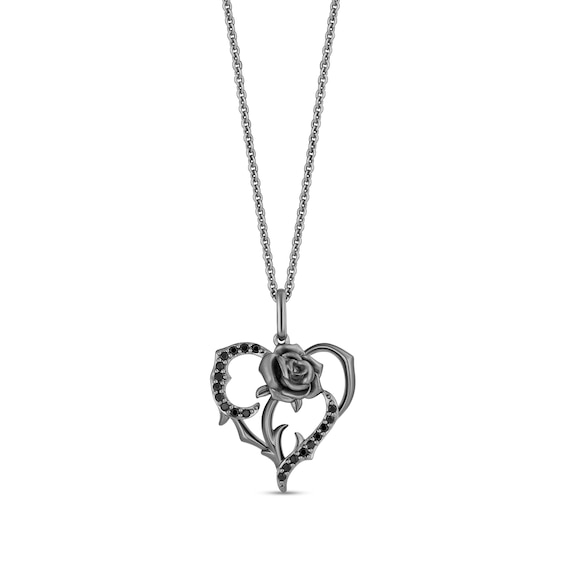 Enchanted Disney Villains Maleficent 1/6 CT. T.w. Black Diamond Heart Rose Vine Pendant in Black Sterling Silver - 19â