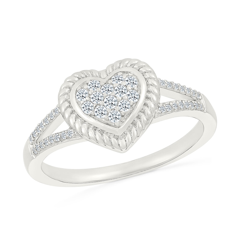 Main Image 1 of 1/6 CT. T.W. Heart-Shaped Multi-Diamond Rope-Textured Frame Split Shank Ring in Sterling Silver