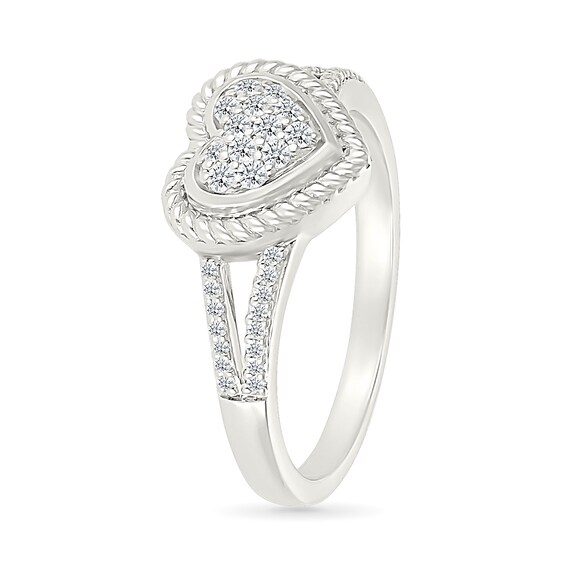 1/6 CT. T.w. Heart-Shaped Multi-Diamond Rope-Textured Frame Split Shank Ring in Sterling Silver
