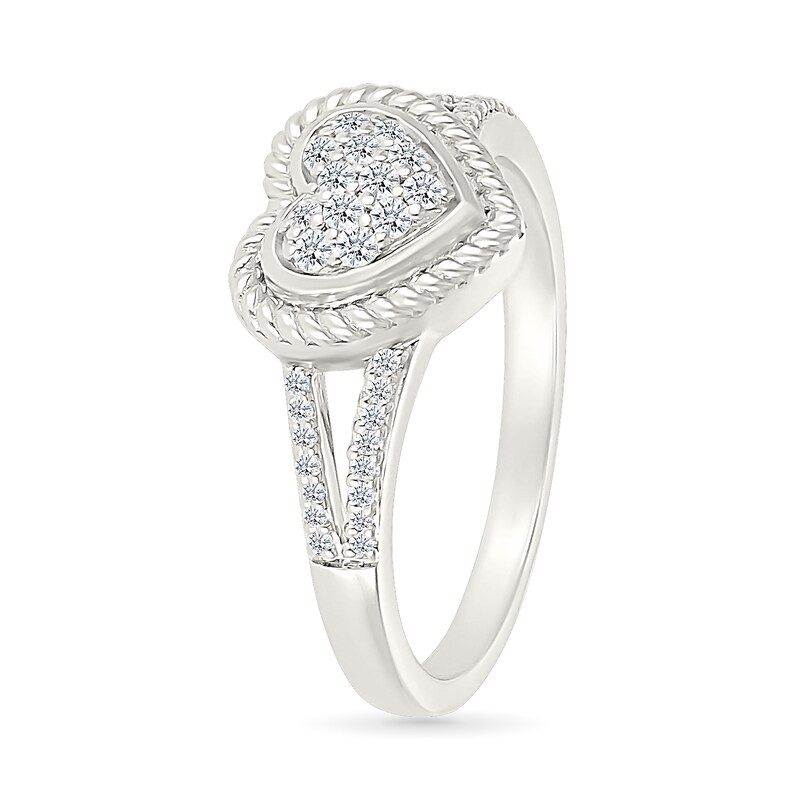 Main Image 2 of 1/6 CT. T.W. Heart-Shaped Multi-Diamond Rope-Textured Frame Split Shank Ring in Sterling Silver