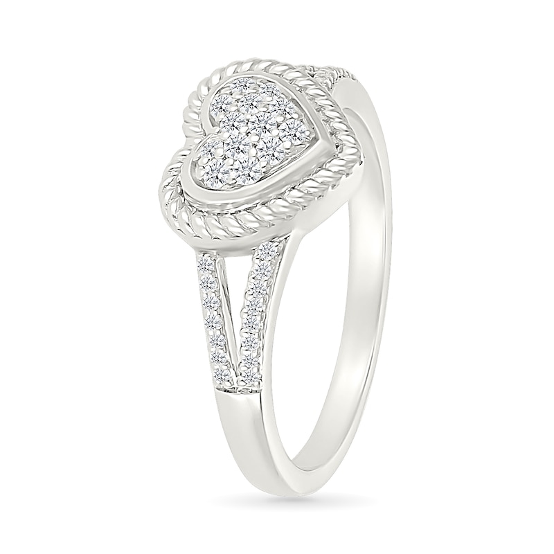Main Image 3 of 1/6 CT. T.W. Heart-Shaped Multi-Diamond Rope-Textured Frame Split Shank Ring in Sterling Silver
