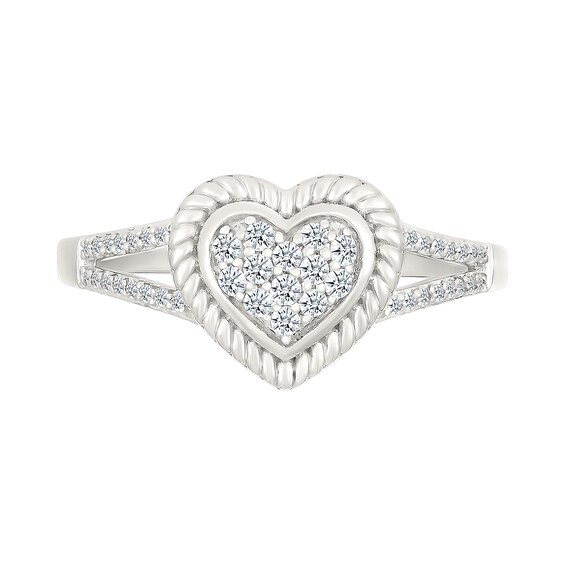 1/6 CT. T.w. Heart-Shaped Multi-Diamond Rope-Textured Frame Split Shank Ring in Sterling Silver