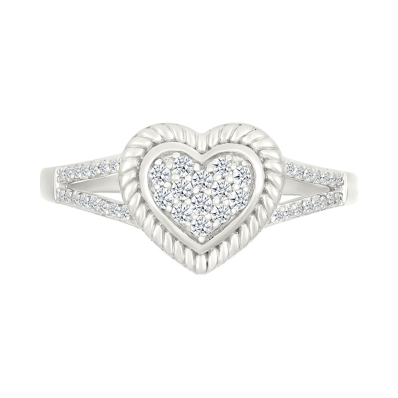 Main Image 4 of 1/6 CT. T.W. Heart-Shaped Multi-Diamond Rope-Textured Frame Split Shank Ring in Sterling Silver