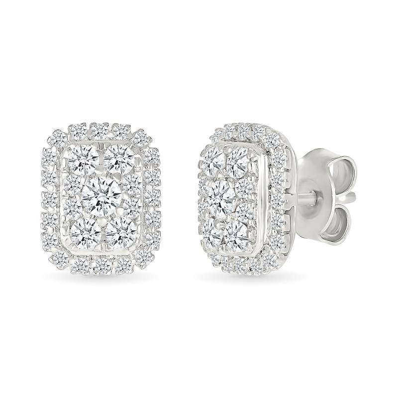 Main Image 1 of 1/2 CT. T.W. Emerald-Shaped Certified Lab-Grown Multi-Diamond Frame Stud Earrings in Sterling Silver (I/SI2)