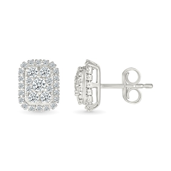 1/2 CT. T.w. Emerald-Shaped Certified Lab-Grown Multi-Diamond Frame Stud Earrings in Sterling Silver (I/Si2)