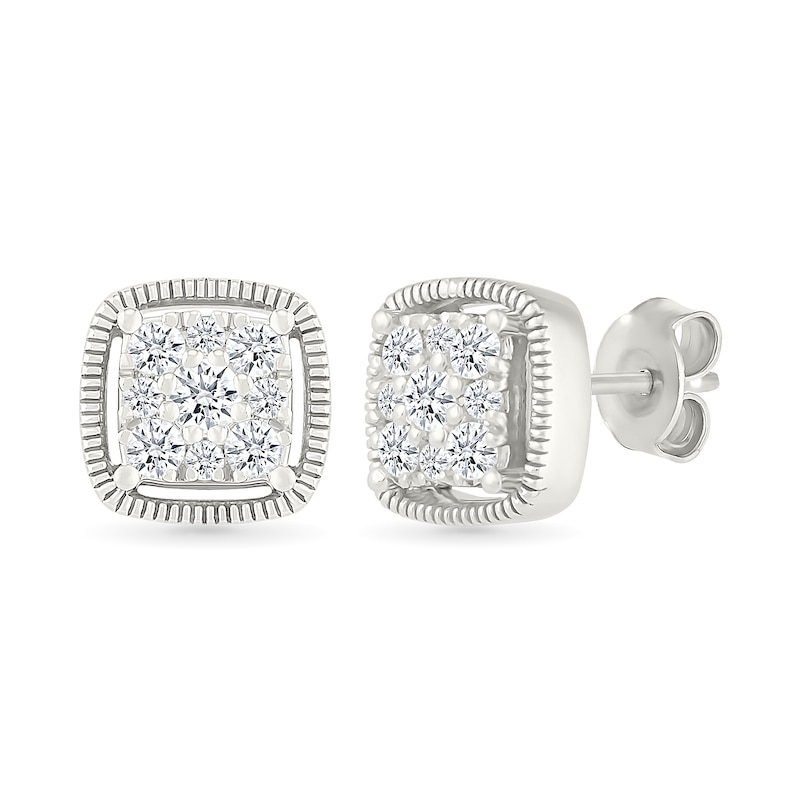 Main Image 1 of 1/3 CT. T.W. Cushion-Shaped Certified Lab-Grown Multi-Diamond Frame Vintage-Style Stud Earrings in Sterling Silver