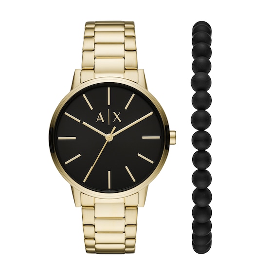 Men's Armani Exchange Cayde Gold-Tone IP Watch with Black Dial and Black Agate Bead Bracelet Box Set (Model: Ax7119)