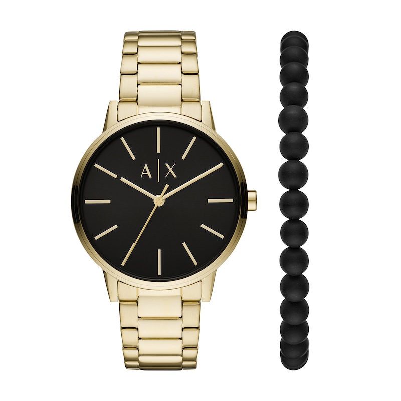 Main Image 1 of Men's Armani Exchange Cayde Gold-Tone IP Watch with Black Dial and Black Agate Bead Bracelet Box Set (Model: AX7119)