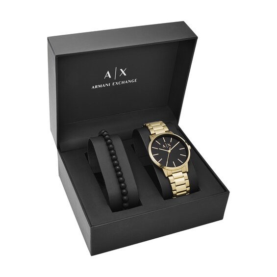 Men's Armani Exchange Cayde Gold-Tone IP Watch with Black Dial and Black Agate Bead Bracelet Box Set (Model: Ax7119)