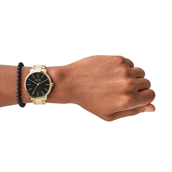 Men's Armani Exchange Cayde Gold-Tone IP Watch with Black Dial and Black Agate Bead Bracelet Box Set (Model: Ax7119)