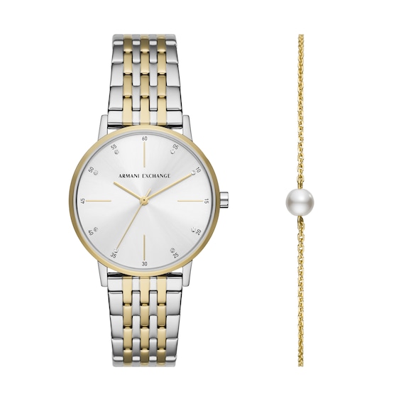 Ladiesâ Armani Exchange Two-Tone IP Watch with White Dial and Pearl Bead Bracelet Box Set (Model: Ax7156Set)