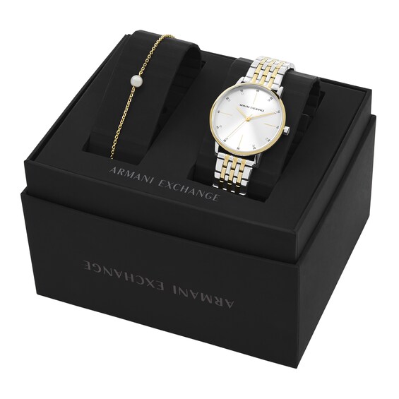 Ladiesâ Armani Exchange Two-Tone IP Watch with White Dial and Pearl Bead Bracelet Box Set (Model: Ax7156Set)