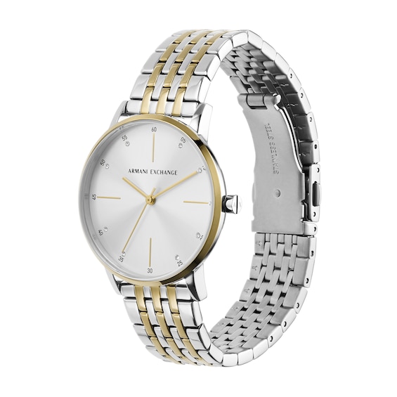 Ladiesâ Armani Exchange Two-Tone IP Watch with White Dial and Pearl Bead Bracelet Box Set (Model: Ax7156Set)