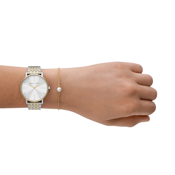 Ladiesâ Armani Exchange Two-Tone IP Watch with White Dial and Pearl Bead Bracelet Box Set (Model: Ax7156Set)