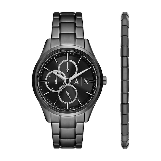 Menâs Armani Exchange Dante Black IP Chronograph Watch and Black Agate Barrel Bead Bracelet Box Set (Model: Ax7154Set)
